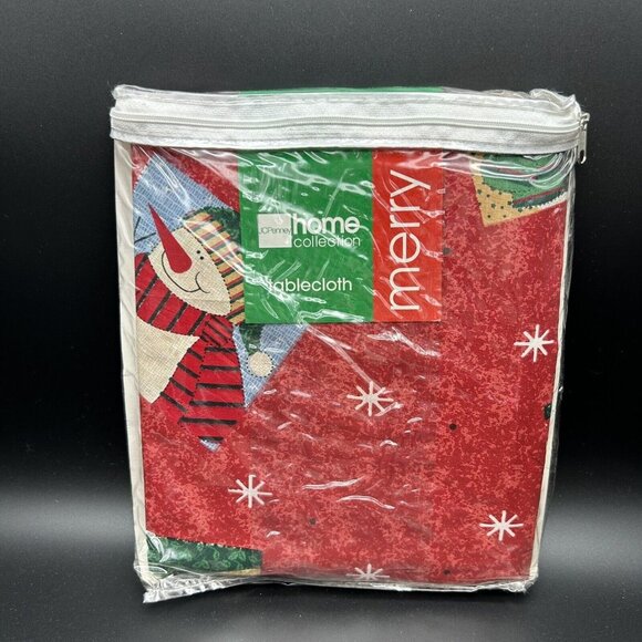 NEW Vintage JC Penney Christmas Table Cloth Red Snowman Santa Reindeer 60" x 84" - Picture 2 of 6